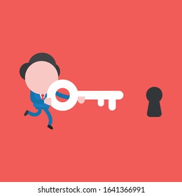 Vector cartoon illustration concept of faceless businessman mascot character running and carrying key to keyhole on red background.