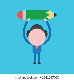Vector cartoon illustration concept of faceless businessman mascot character holding up pencil on blue background.