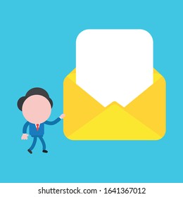 Vector cartoon illustration concept of faceless businessman mascot character walking and holding opened envelope with blank paper.