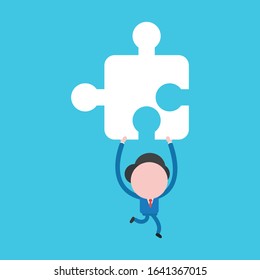 Vector cartoon illustration concept of faceless businessman mascot character running and carrying missing jigsaw puzzle piece on blue background.