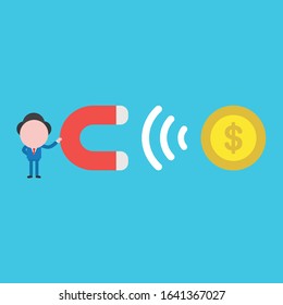 Vector cartoon illustration concept of faceless businessman mascot character holding magnet attracting dollar coin on blue background.