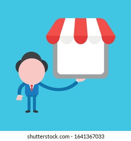 Vector cartoon illustration concept of faceless businessman mascot character holding shop store on blue background.