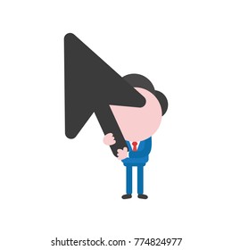 Vector cartoon illustration concept of faceless businessman mascot character holding black mouse pointer arrow.