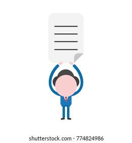 Vector cartoon illustration concept of faceless businessman mascot character holding up written paper symbol icon.