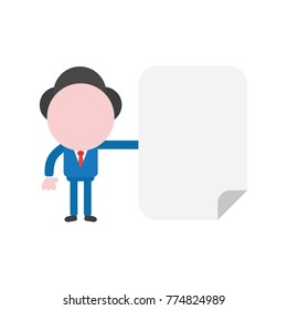 Vector cartoon illustration concept of faceless businessman mascot character holding blank paper symbol icon.