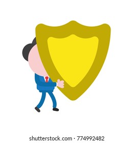 Vector cartoon illustration concept of faceless businessman mascot character walking and carrying yellow guard shield symbol icon.