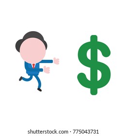 Vector cartoon illustration concept of faceless businessman mascot character running to green dollar money symbol icon.