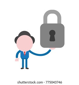 Vector cartoon illustration concept of faceless businessman mascot character holding closed padlock symbol icon.