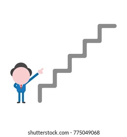 Vector cartoon illustration concept of faceless businessman mascot character showing top of grey stairs symbol icon.