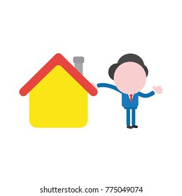 Vector cartoon illustration concept of faceless businessman mascot character leaning on yellow house symbol icon.
