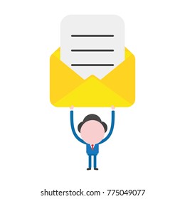 Vector cartoon illustration concept of faceless businessman mascot character holding up yellow open envelope symbol icon with written paper.