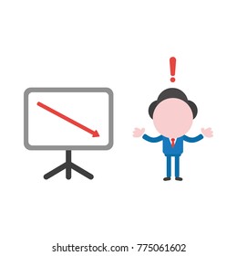 Vector cartoon illustration concept of faceless businessman mascot character with red exclamation mark and presentation chart board symbol icon and red arrow moving down.