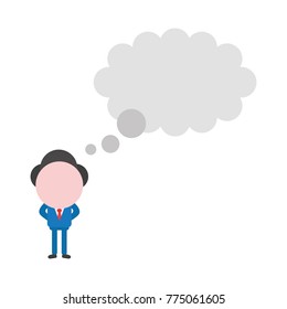 Vector cartoon illustration concept of faceless businessman mascot character thinking with grey thought bubble symbol icon.