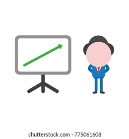 Vector cartoon illustration concept of faceless businessman mascot character with presentation chart board symbol icon and green arrow moving up.