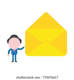 Vector cartoon illustration concept of faceless businessman mascot character holding yellow open envelope symbol icon.