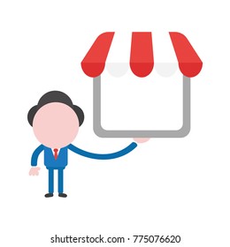 Vector cartoon illustration concept of faceless businessman mascot character holding shop symbol icon with awning.