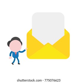 Vector cartoon illustration concept of faceless businessman mascot character walking and carrying yellow open envelope with blank paper symbol icon.
