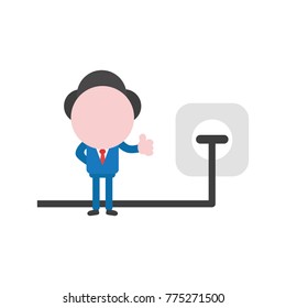 Vector cartoon illustration concept of faceless businessman mascot character gesturing thumbs up and electrical plug plugged into outlet symbol icon.