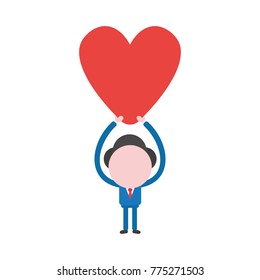 Vector cartoon illustration concept of faceless businessman mascot character holding up red heart symbol icon.