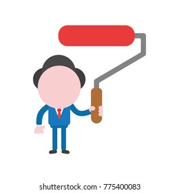 Vector cartoon illustration concept of faceless businessman mascot character holding red paint roller brush symbol icon.