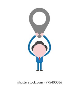 Vector cartoon illustration concept of faceless businessman mascot character holding up grey pointer symbol icon.