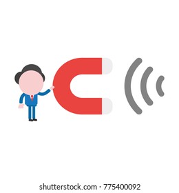 Vector cartoon illustration concept of faceless businessman mascot character holding magnet attracting