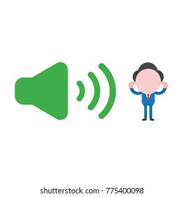 Vektorillustration Cartoon Illustration Konzept der gesichtslosen Business-Mann Maskottchen mit lauter Stimme grünen Lautsprecher Symbol und geschlossenen Ohren mit Fingern.