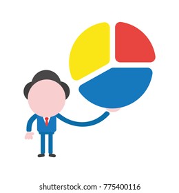 Vector cartoon illustration concept of faceless businessman mascot character holding three part diagram pie chart infographic symbol icon.