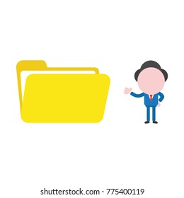 Vector cartoon illustration concept of faceless businessman mascot character showing yellow open folder symbol icon.