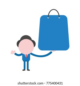 Vector cartoon illustration concept of faceless businessman mascot character holding blue shopping bag symbol icon.