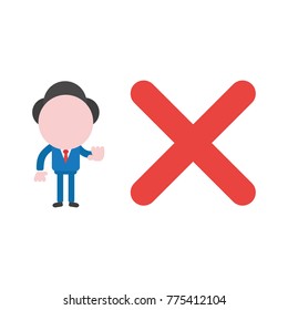 Vector cartoon illustration concept of faceless businessman mascot character with red x mark symbol icon and gesturing no sign.