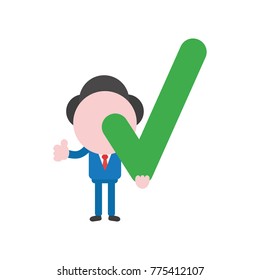 Vector cartoon illustration concept of faceless businessman mascot character holding green check mark symbol icon and gesturing thumbs up.