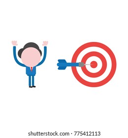 Vector cartoon illustration concept of faceless businessman mascot character with red and white bullseye and blue dart symbol icon and hit the mark.