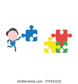 Vector cartoon illustration concept of faceless businessman mascot character running, holding and carrying blue missing jigsaw puzzle piece symbol icon.
