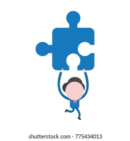 Vector cartoon illustration concept of faceless businessman mascot character running, holding up and carrying blue jigsaw puzzle piece symbol icon.