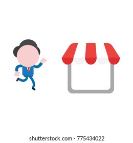 Vector cartoon illustration concept of faceless businessman mascot character running to shop, store symbol icon with red and white awning.