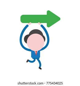 Vector cartoon illustration concept of faceless businessman mascot character running holding up and carrying green arrow symbol icon showing right.