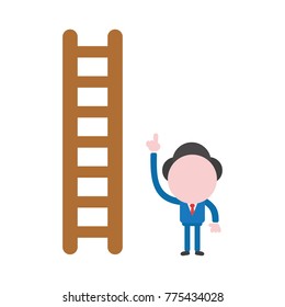 Vector cartoon illustration concept of faceless businessman mascot character with brown wooden ladder symbol icon and pointing up.