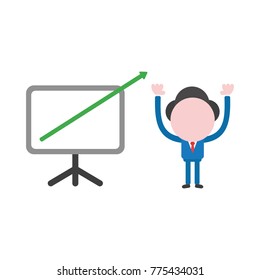 Vector cartoon illustration concept of faceless businessman mascot character with chart and arrow moving up and out of presentation chart board symbol icon.