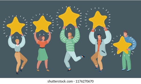 Vector cartoon illustration of Concept of Feedback consumer or customer review evaluation, satisfaction level and critic. Five stars rating style. Human character on dark background.