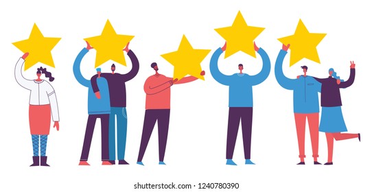 Vector cartoon illustration of Concept of Feedback consumer or customer review evaluation, satisfaction level and critic. Five stars rating style. Human character on dark background.