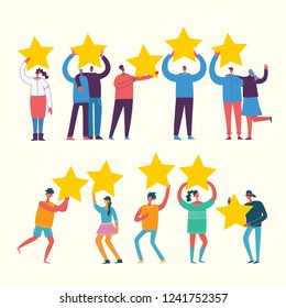 Vector cartoon illustration of Concept of Feedback consumer or customer review evaluation, satisfaction level and critic. Five stars rating style. Human character on dark background.