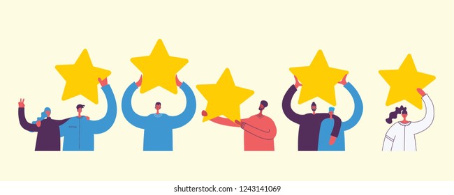 Vector cartoon illustration of Concept of Feedback consumer or customer review evaluation, satisfaction level and critic. Five stars rating style. Human character on dark background.