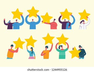 Vector cartoon illustration of Concept of Feedback consumer or customer review evaluation, satisfaction level and critic. Five stars rating style. Human character on dark background.