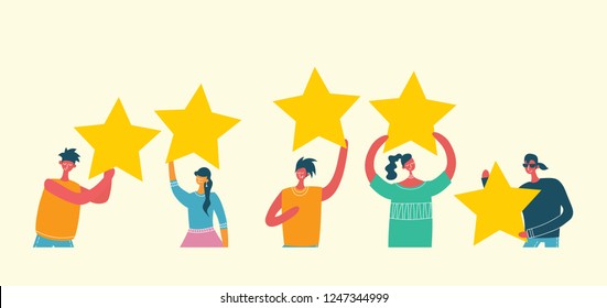 Vector cartoon illustration of Concept of Feedback consumer or customer review evaluation, satisfaction level and critic. Five stars rating style. Human character on dark background.