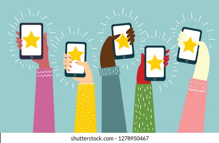 Vector cartoon illustration of Concept of Feedback consumer or customer review evaluation, satisfaction level and critic. Five stars rating style. Hands hold smart phones with stars  