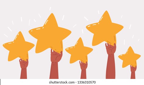 Vector cartoon illustration of Concept of Feedback consumer or customer review evaluation, satisfaction level and critic. Five stars rating style. Hands hold banners with stars on white