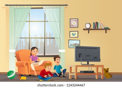 Vector Cartoon Illustration Concept Happy Children. Image Smiling Little Children Playing Set-top Box on Big TV. Sitting Floor Room near Orange Chair against Window with Silhouette City.