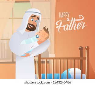 Vector Cartoon Illustration Concept Happy Father. Image Young Arab Man Holding Newborn Baby. Happiness Cute Baby in Father Hand. Father Puts Baby to Sleep. In Interior Children Room