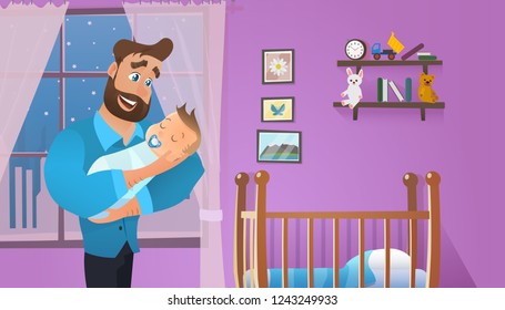 Vector Cartoon Illustration Concept Happy Father. Image Young Bearded Man Holding Newborn Baby. Happiness Cute Baby in Father Hand. Father Puts Baby to Sleep at Night. In Interior Children Room